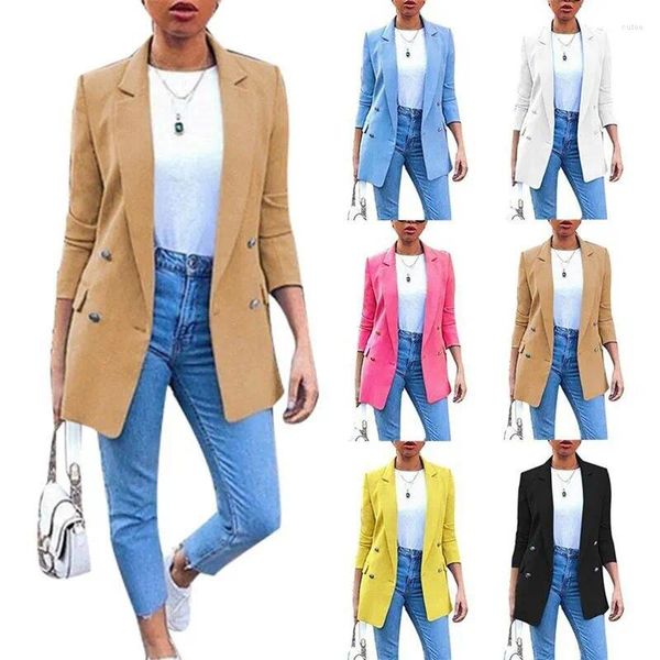 Costumes pour femmes Plus Taille S-5XL Femmes Blazer Veste Longue Double Boutonnage Slim Printemps Automne Mode Casual Élégant Bureau Travail Noir Blanc