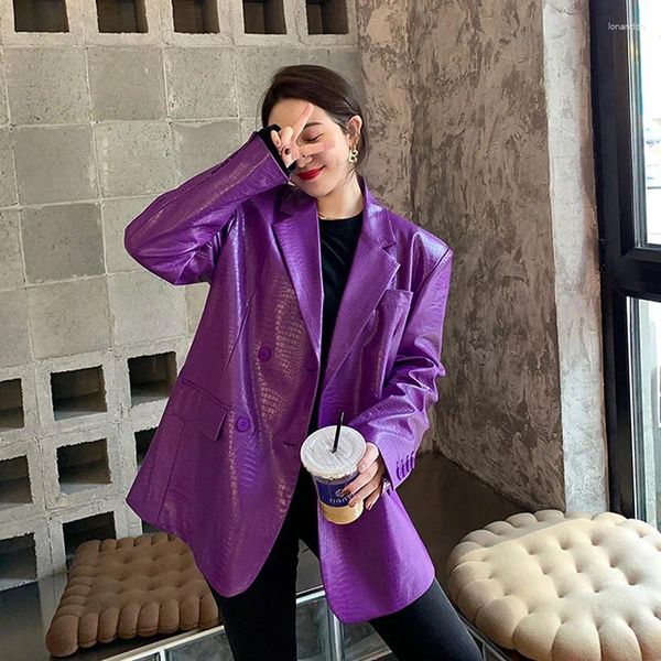 Costumes pour femmes Veste de costume en simili cuir PU crocodile violet Lâche Casual Double boutonnage Streetwear Mode Col cranté Manches longues