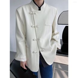 Costumes pour femmes Style rétro chinois col montant Oblique simple boutonnage Blazer pour femme tout assorti noir/blanc veste décontractée ample