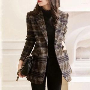 Costumes pour femmes S-3XL Femmes Blazer Veste Check Plaid Épais Slim Lâche Printemps Automne Casual Bureau Travail Plus Taille Marron