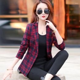 Costumes pour femmes S-3XL Femmes Blazer Veste Courte Plaid Check Slim Printemps Automne Casual Bureau Travail Plus Taille Noir Rouge Bleu Foncé