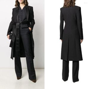 Costumes pour femmes col en Satin noir femmes longue veste formelle robe de soirée d'affaires manteau avec ceinture loisirs printemps automne dame porter costume