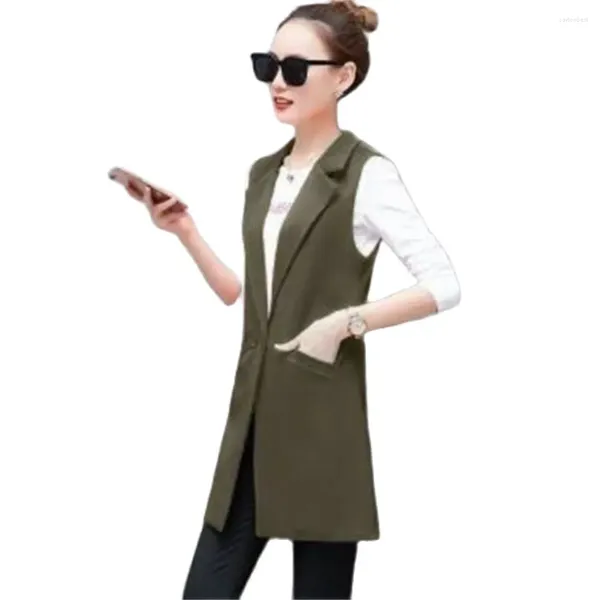 Trajes de mujer Blazer sin mangas Chaleco sólido informal Chaleco Mujer Temperamento Solapa Traje largo Chaleco Chaqueta femenina Abrigo Bolsillos Primavera OL