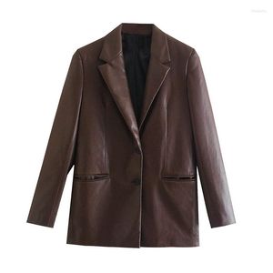 Damespakken Solid Pu Leather Chic Office Lady Blazers For Women Elegant Stylish Coats 2023 Dames met lange mouwen Single Breasted Slim