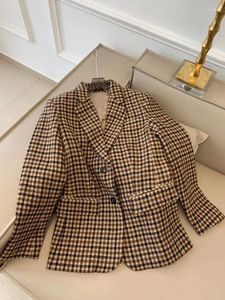 Dameskostuums Lente 2024 Dameskostuum Jas Houndstooth Vintage Enkele rij knopen Wolmengsels Lange mouwen Elegant Mode Kantoor Dame Blazer