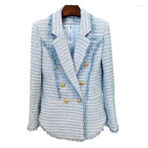 Costumes féminins printemps automne élégant Blazers 2024 bouton d'or dans les vestes dames tweed tweed mid-long Blazer ciel bleu