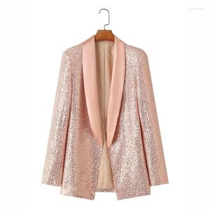 Costumes de femmes printemps automne aux femmes paillettes de mode veste cardigan cardigan rose argent collier châle noir à manches longues femelles manteau