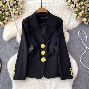 Costumes pour femmes Printemps Automne Femmes Coréenne Noir Blazers Manteau Col Cranté À Manches Longues Grande Poche Simple Boutonnage Casual Dames Costume Veste