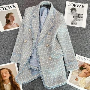 Costumes pour femmes printemps automne femmes tweel blazer mode double boutonnage perle bouton costume élégant femme grande taille vêtements d'extérieur bleu hauts