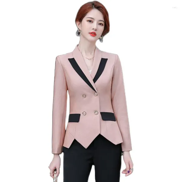 Costumes pour femmes printemps mode coréenne veste de costume à manches longues mince patchwork blazer bureau dame manteau vêtements d'extérieur double boutonnage rose gris