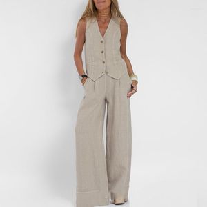 Costumes de femmes printemps purs femmes ventre de loisirs set coton lin lin v bouton cou tops pantalon pantalon nette