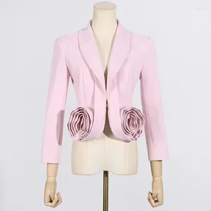Damespakken lente dames blazer 2024 zomer temperament 3d bloemen dames roze jas allemaal match kort solide slanke pak jas
