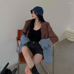 Costumes pour femmes Streetwear Mode Denim Patchwork Blazers Femmes Automne Hiver Arrivée Vintage Plaid Blazer Femme Lâche Casual Vêtements d'extérieur