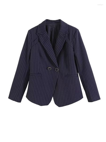 Trajes de mujer Blazer azul oscuro a rayas Mujer Chic Otoño Invierno Abrigos de dos botones Chaquetas de dama de oficina