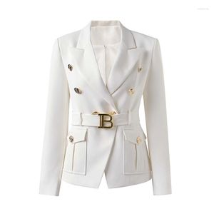 Costumes pour femmes élégant classique solide blazers manteau avec ceinture en métal bureau décontracté dame chic haute qualité double boutonnage moulante veste