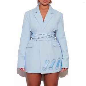 Costumes pour femmes SuperAen 2022 manteaux automne hiver bleu ciel cors ceinture conception crantée solide pleine veste décontractée femmes