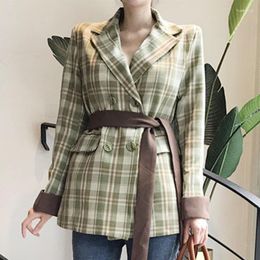 Costumes pour femmes SuperAen Style coréen Chic automne revers Double boutonnage couleur de contraste Plaid lâche jolie pochette femmes avec ceinture