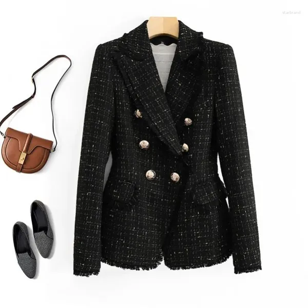 Veste de costume en Tweed pour femmes, élégante, Double boutonnage, de haute qualité, Slim, petit parfum, 2023