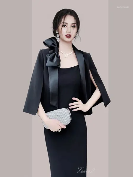 Costumes pour femmes Tesco Black Elegant Suit Blazer Cape SHAWL Veste avec arc pour la soirée de soirée de la soirée formelle Lady 2024