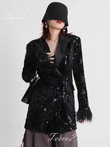 Costumes pour femmes Tesco noir paillettes Blazer costume Sexy col en v pour Club fête plume épissé mi-longue veste manteau de luxe