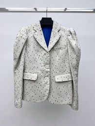 Dameskostuums Lente en Zomer 2023 Gestreepte jacquard Wollen blazer met Hubble-bubble-mouwen 0814