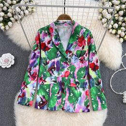 Damespakken Tie-Dye Oil Painting Printed Suit Jack 2023 Spring en Autumn Retro Loose Dunne Casual Blazer Top Women Flower Coat H1615