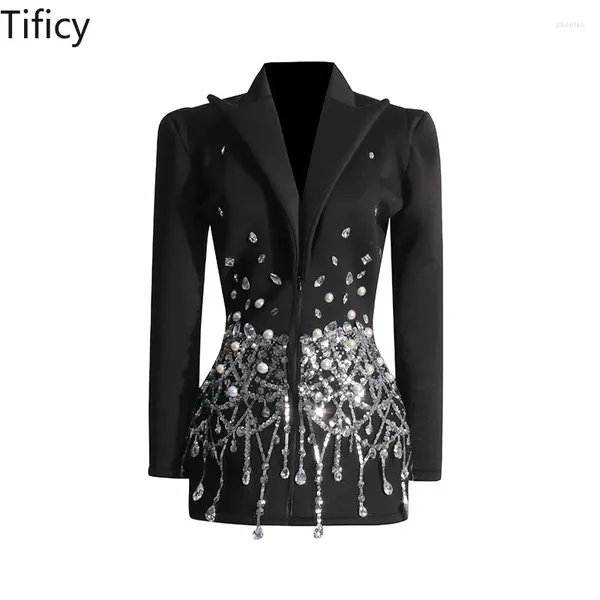 Costumes pour femmes tificy 2024 printemps à la mode en V sexy avec des diamants et des paillettes de conception d'épissage pour les manteaux de veste de blazer courts