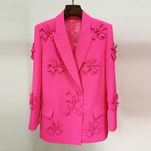 Damespakken TOPKWALITEIT 2023 Mode Designer Jas Stereoscopische Bloemen Applicaties Double Breasted Lange Blazer Roze S-4XL