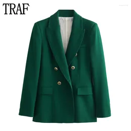 Damespakken TRAF Groene Blazer Tailoring Double Breasted Voor Vrouwen Herfst Kantoorjasje Jassen Lange Mouw Vrouw