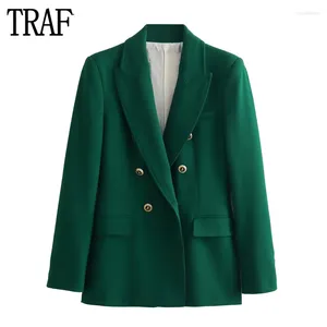 Costumes pour femmes TRAF Blazer vert couture Double boutonnage pour femmes automne bureau veste manteaux à manches longues femme