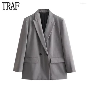 Costumes pour femmes TRAF gris surdimensionné Long Blazer femmes Double boutonnage Blazers pour automne bureau veste masculine femme 2024
