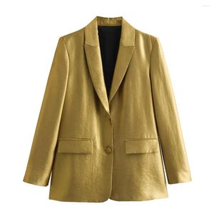 Damespakken TRAF Vrouw Gouden Blazer Kantoorkleding Knopblazers voor vrouwen Elegante stijlvolle rechte jas met lange mouwen Herfst