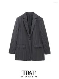 TRAF Damesmode Knop Krijtstreep Blazer Jas Vintage Lange Mouwen Klepzakken Vrouwelijke Bovenkleding Chic Vestes Femmes