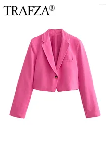 Trajes de mujer Trafza Caídas de moda femenina Rose Rojo Collar de mangas largas de bolsillo Decorar un solo botón Spring Blazer Mujer 2024