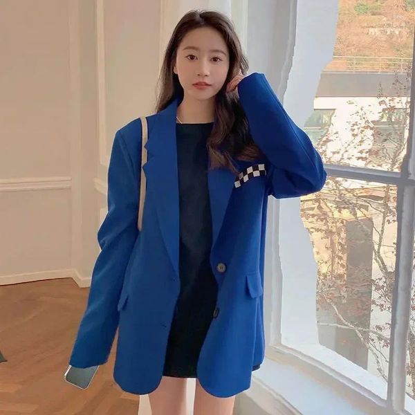 Trajes de mujer Gabardina Abrigos para mujer Blazer azul largo Ropa de mujer Colorblock sobre prendas de vestir exteriores Chaqueta Vestido Abrigo a cuadros negro