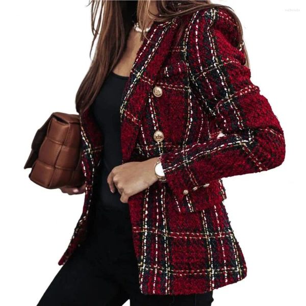 Trajes de mujer Moda Otoño Blazer Slim Fit Mujer Plaid Print Business Casual Abrigo de invierno Cálido