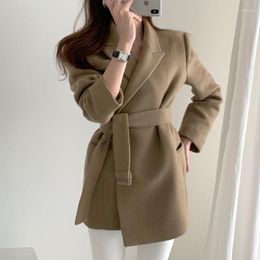 Abiti da donna UNXX Chic Elegante misto lana Blazer Donna Autunno Inverno Spessore caldo Manica intera Cintura con cintura Giacche da abito femminile 2023