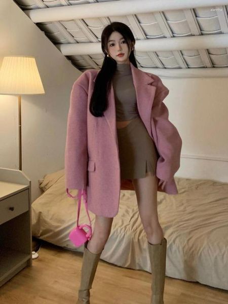 Costumes pour femmes Unxx Loose Fit Rose Couleur Longue Oversize Laine Blazer Manches Femmes Mode Marée Automne Hiver 2023 Parkas Harajuku Manteau