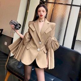 Damespakken UNXX Vrouwen Blazer Designer Mode Ruches High Street Lente Herfst Volledige Notched Puff Sleeve Coat Luxury