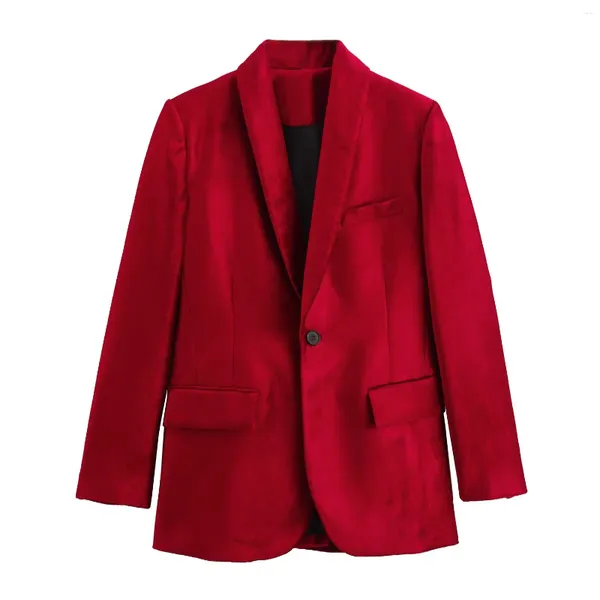 Trajes de mujer, Blazers rojos ajustados con cuello chal de terciopelo, traje con un solo botón para mujer, abrigos de manga larga, Tops formales para mujer 2023