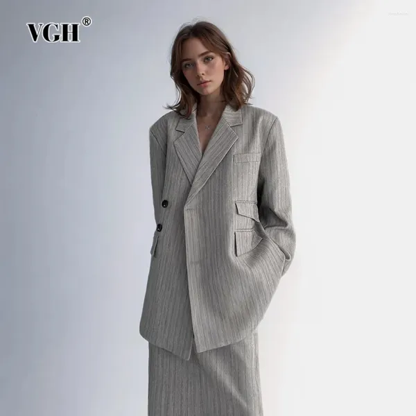 Les costumes pour femmes VGH Hit Color Striped Patchwork Pockets Blazers For Women Coldched Collar Long Manche à manches épissées simples Blazer en vrac