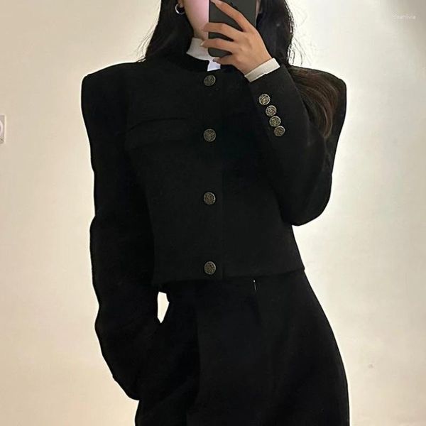 Costumes pour femmes Vintage noir recadrée Blazers femmes coréen élégant à manches longues vestes courtes bureau dame solide mince manteaux automne hiver