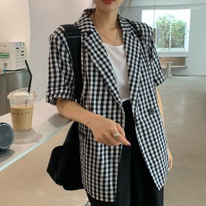 Costumes pour femmes Vintage femmes noir blanc Plaid Blazer été automne Chic décontracté femme à manches courtes petit costume veste élégant dames