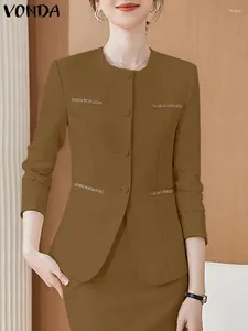 Damespakken Vonda 2024 vrouwen elegante blazer mode lange mouw jassen o-neck casual solide kleur knoppen streetwear tuniek tops vrouw