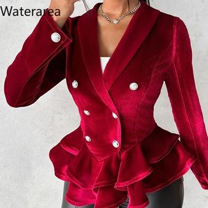 Costumes de femmes Waterarea Fashion Fashion Velvet Notched Collard à manches longues en cascade Ruffles HEM Blazer Double Basted Tops