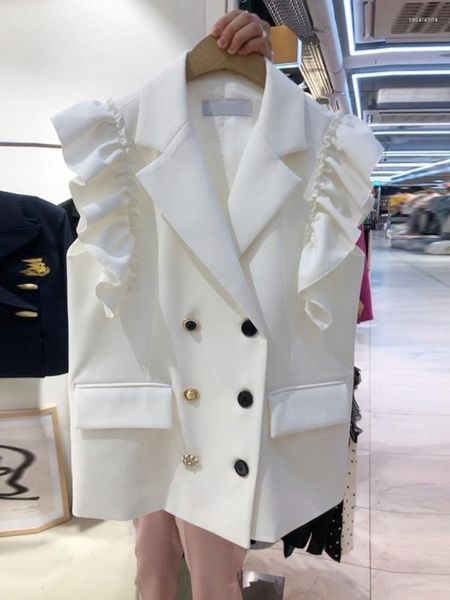 Costumes pour femmes Blazers blancs Feminino sans manches gilet à double boutonnage femmes printemps OL Chic gilet à manches volantes Chaleco Mujer veste