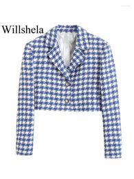 Trajes de mujer Willshela, moda para mujer, chaqueta corta a cuadros azul con un solo pecho, chaqueta Vintage con cuello entallado, mangas largas, trajes elegantes para mujer