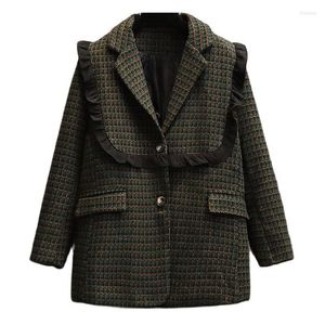 Trajes de mujer Abrigo de invierno Mujer Tela de lana Chaqueta a cuadros Vintage de gran tamaño Verde a cuadros Espesar Cálido Chaqueta de Tweed para mujer Abrigos de lana para mujer