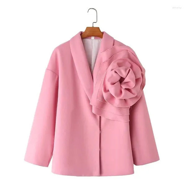 Costume en Tweed pour femme, veste d'hiver décontractée, décoration florale rose, manteau, manches longues, poche, blazer, vêtements d'extérieur, 2023