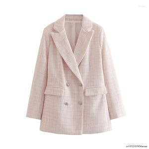 Costumes pour femmes hiver élégant chic bleu tweed veste blazer femmes mode col rabattu double boutonnage poches manteau femme décontracté